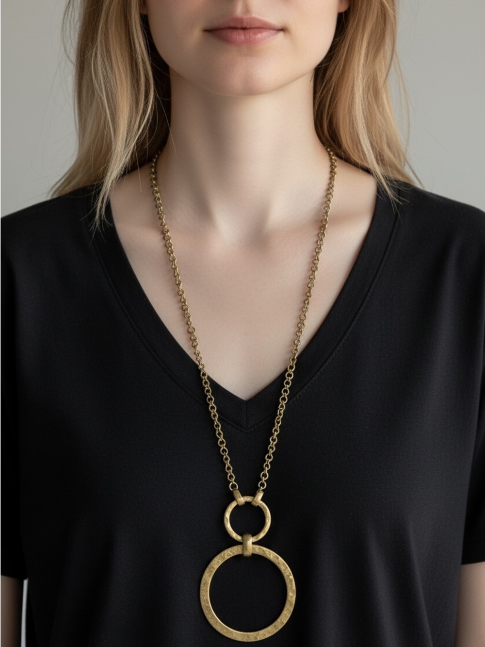 9/20 Gold Double Circle Pendant Long Necklace -